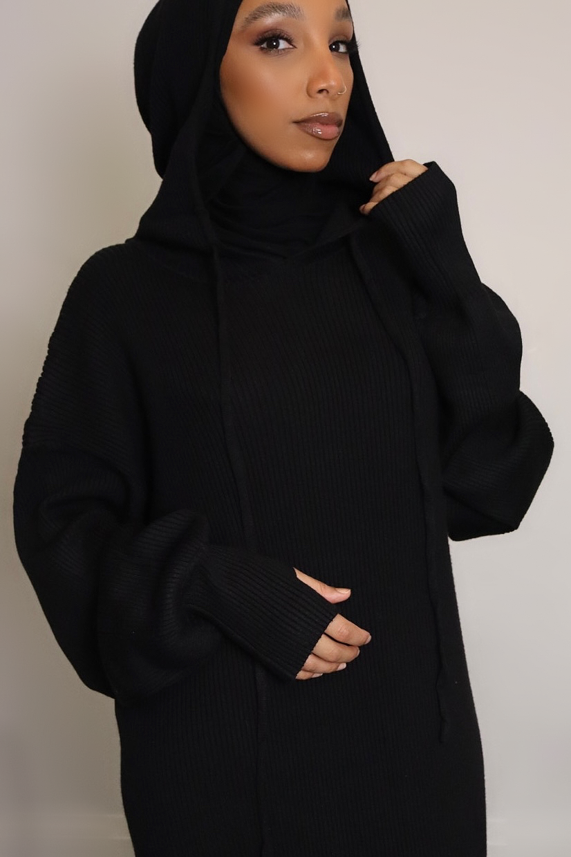 BLACK - Hooded Knit Dress