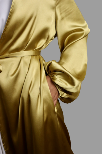 Satin Open Abaya - Golden Moss