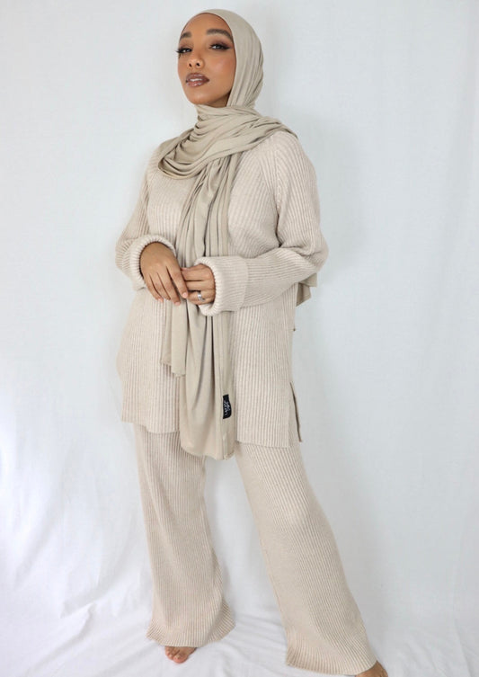 BEIGE RIBBED LOUNGE WEAR SET