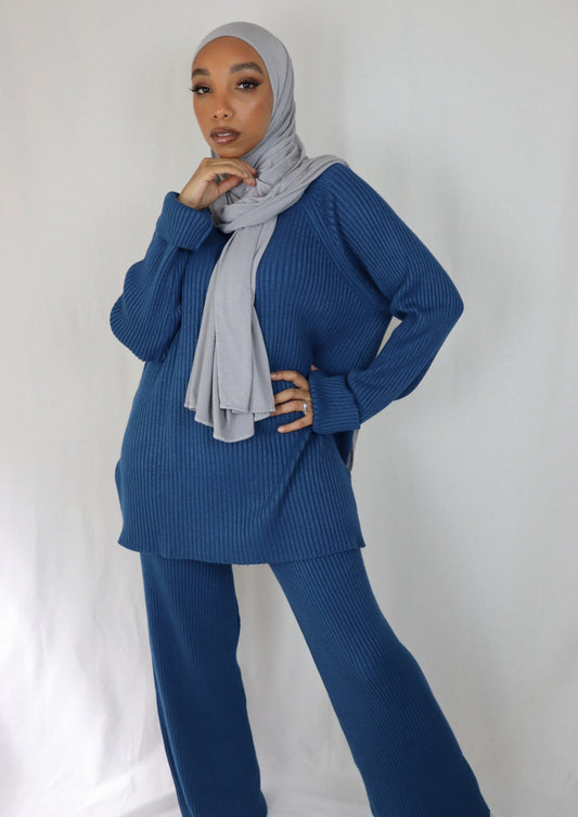 BLUE HAZE RIBBED LOUNGE SET