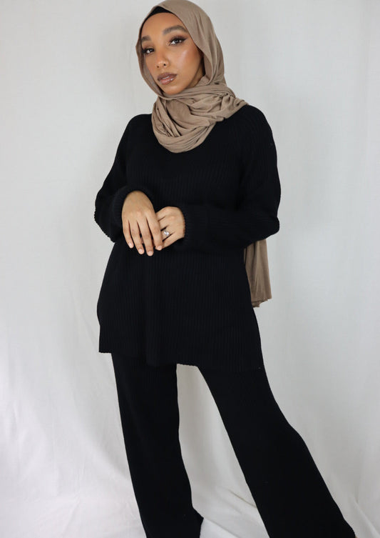 BLACK RIBBED LOUNGE SET