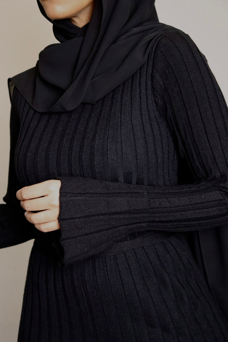 black modest ribbed sweater dress