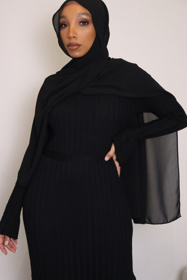 black modest ribbed sweater dress