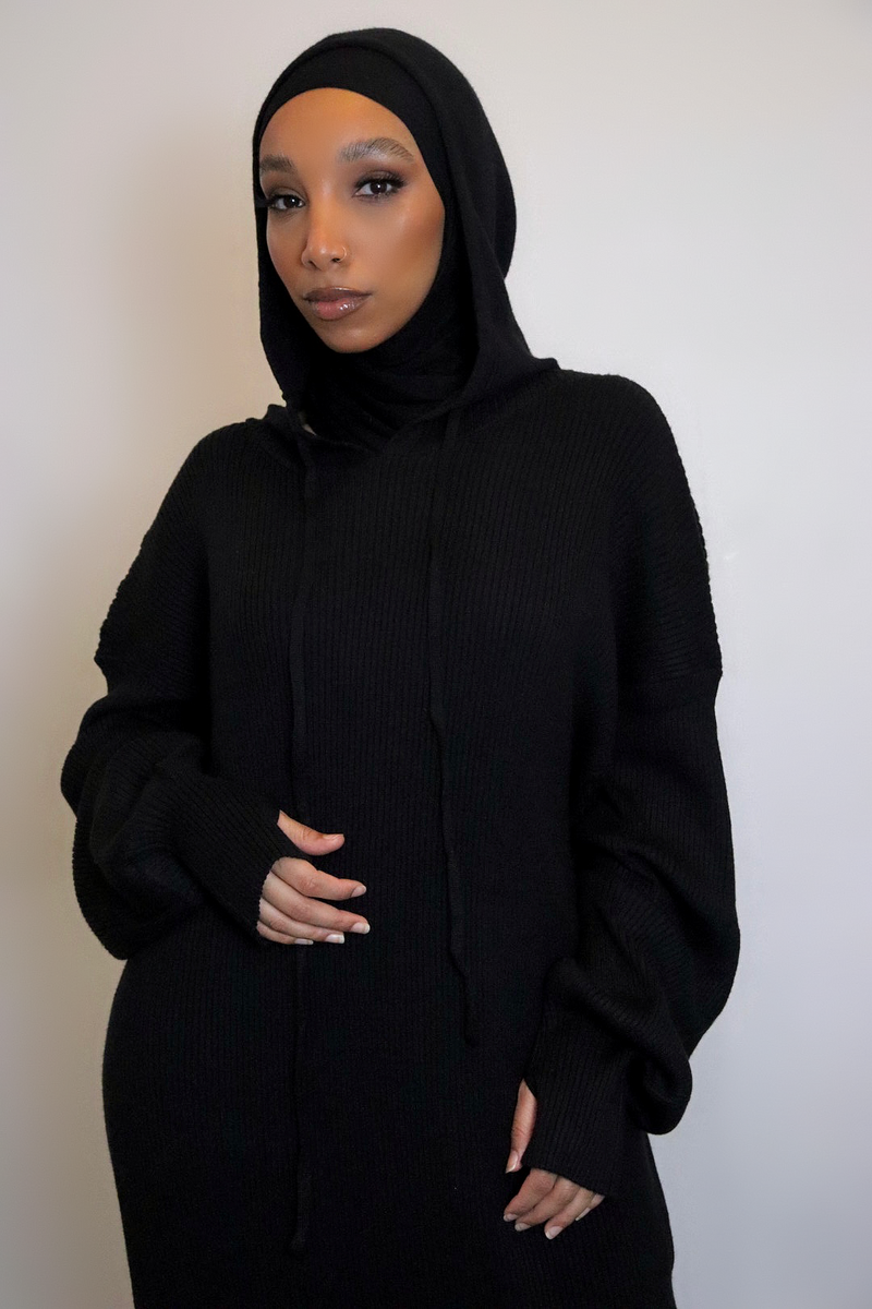 BLACK - Hooded Knit Dress