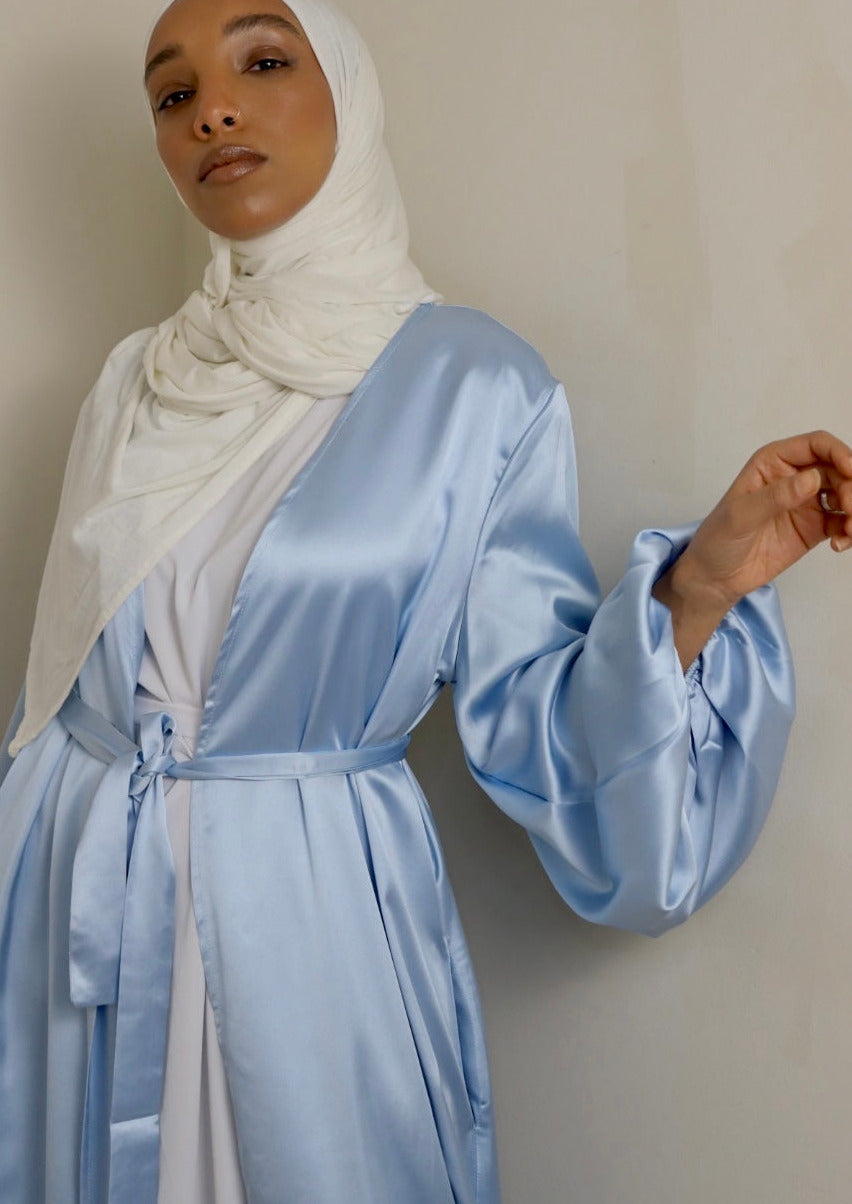 Satin Open Abaya - Sky